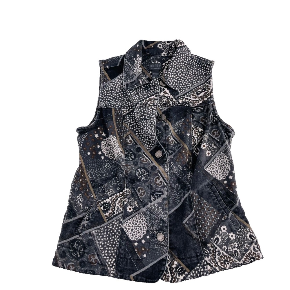 Chicos Additions Womens Patchwork Denim Vest Size 0 Black & White‎ Pattern
